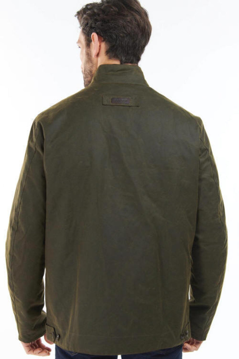 Olive Barbour jacket back view with center seam and stand collar