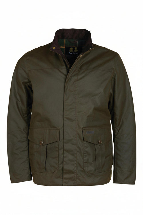 Olive Barbour utility jacket with two flap chest pockets and button front