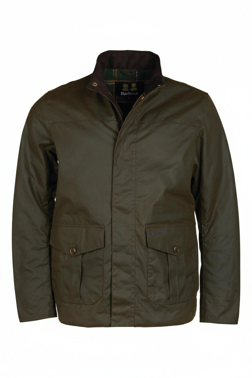 Olive Barbour utility jacket with two flap chest pockets and button front