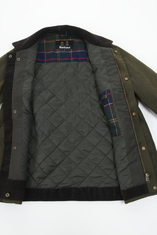 Olive Barbour jacket with quilted lining and plaid inner panel, button-front open