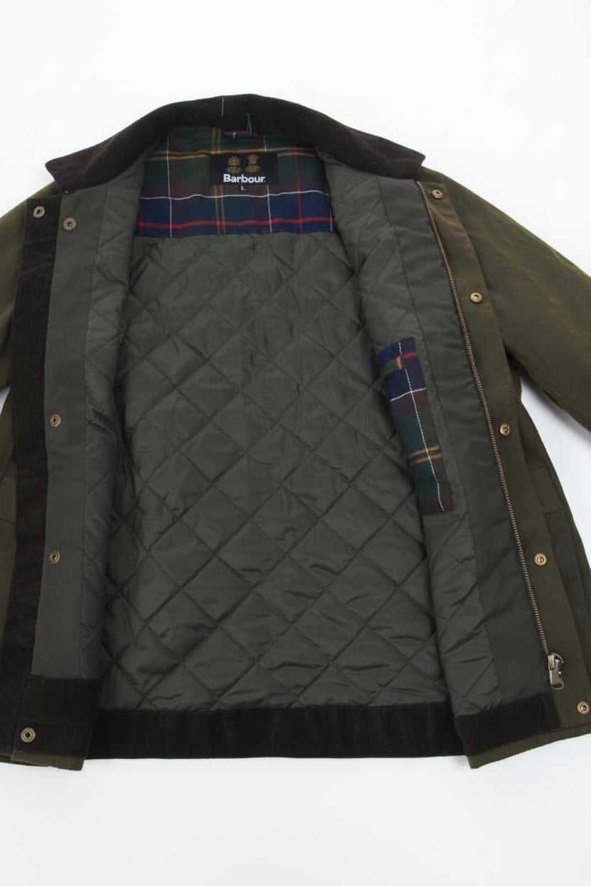 Olive Barbour jacket with quilted lining and plaid inner panel, button-front open