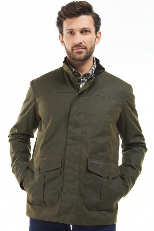 Olive Barbour jacket with stand collar and two flap pockets