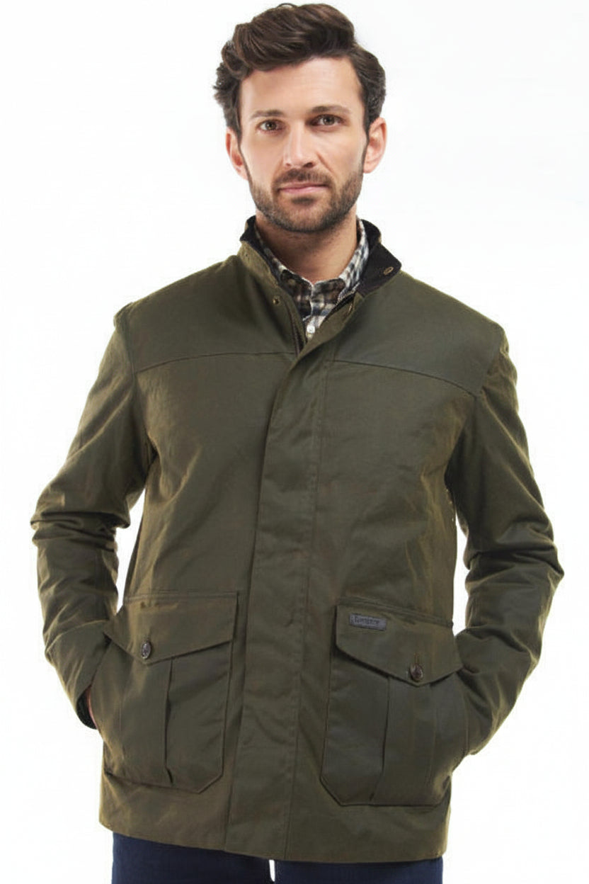 Olive Barbour jacket with stand collar and two flap pockets