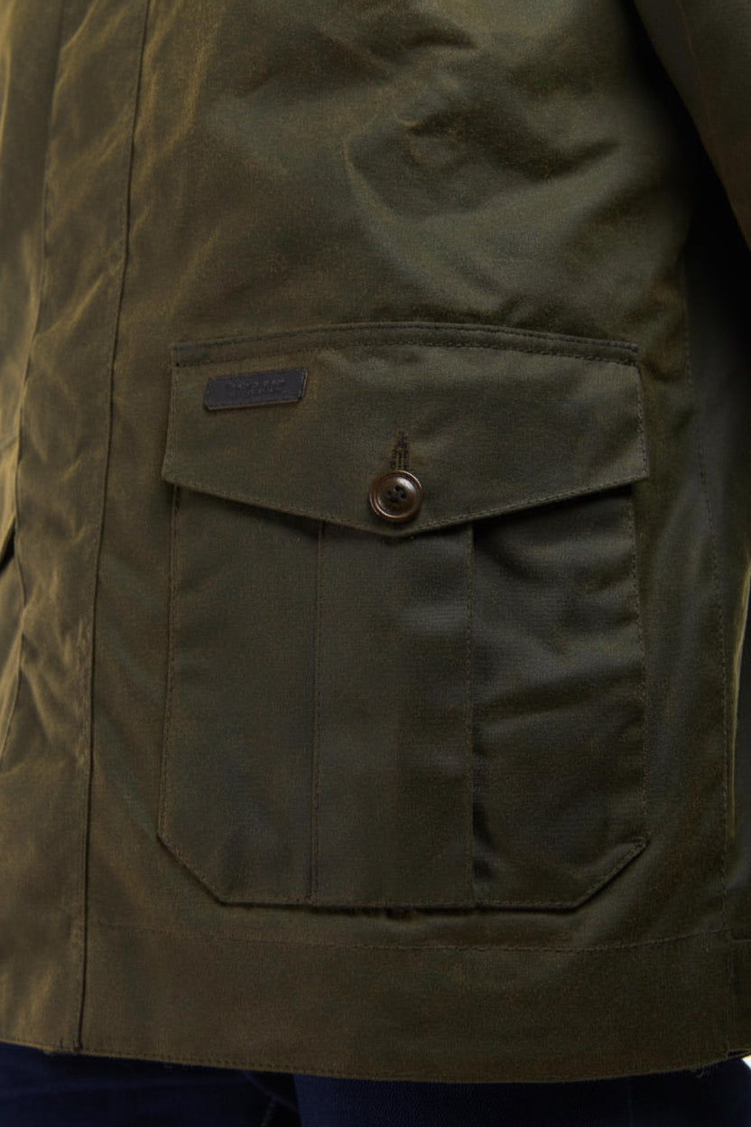 Olive Barbour jacket chest pocket with flap and metal button