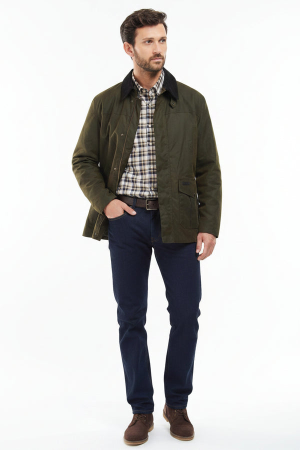 Olive Barbour jacket with button-front, stand collar, and two flap pockets
