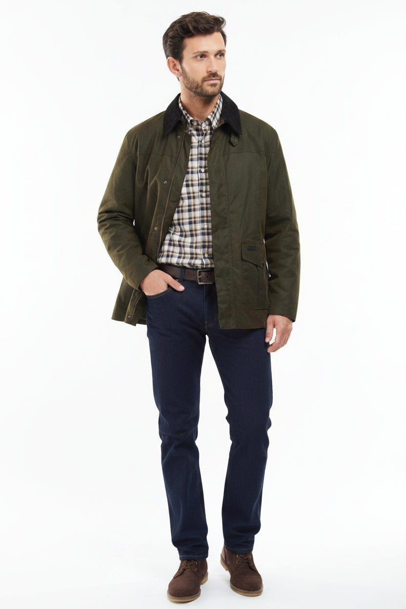 Olive Barbour jacket with button-front, stand collar, and two flap pockets