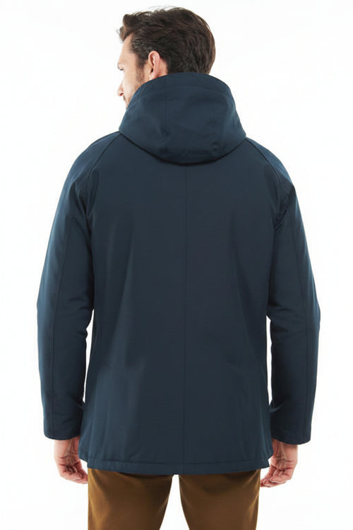 Barbour navy hooded winter jacket, back view