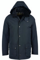 Barbour navy hooded parka with snap front and flap pockets