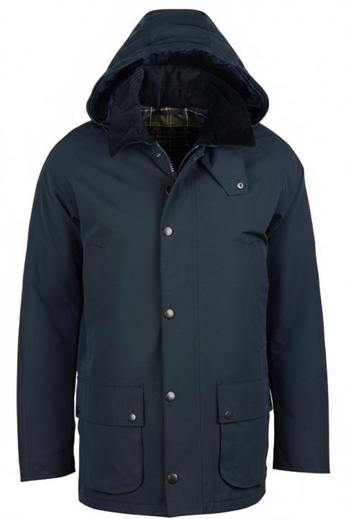 Barbour navy hooded parka with snap front and flap pockets