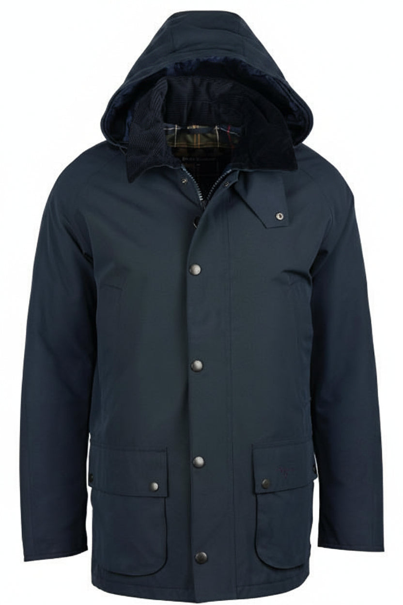 Barbour navy hooded parka with snap front and flap pockets