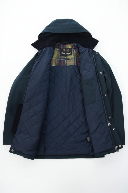 Barbour navy hooded winter jacket with plaid-lined hood and snap front