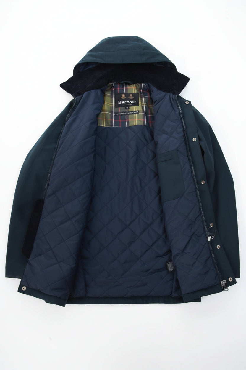 Barbour navy hooded winter jacket with plaid-lined hood and snap front