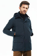 Barbour navy winter jacket with adjustable buttoned cuffs and multiple flap pockets