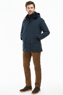 Barbour navy hooded parka with snap front and chest pocket