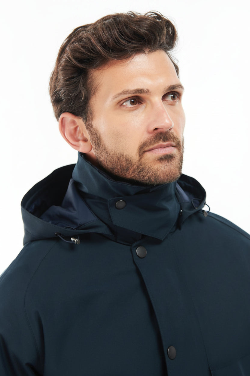 Barbour dark navy jacket with hood and snap-up collar