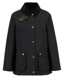 Black women’s wax jacket with stand collar, front button placket, and chest patch pockets