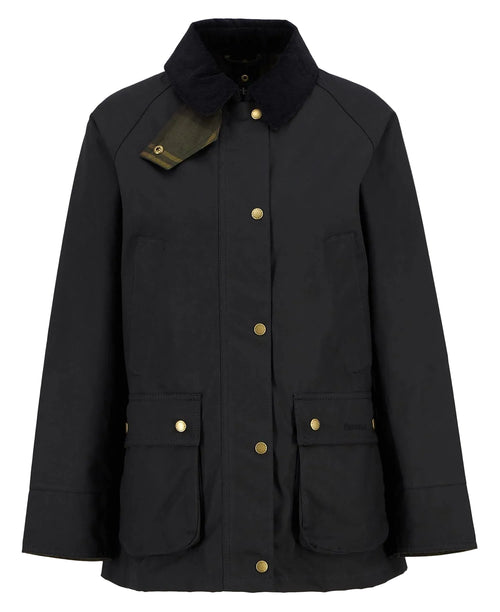 Black women’s wax jacket with stand collar, front button placket, and chest patch pockets