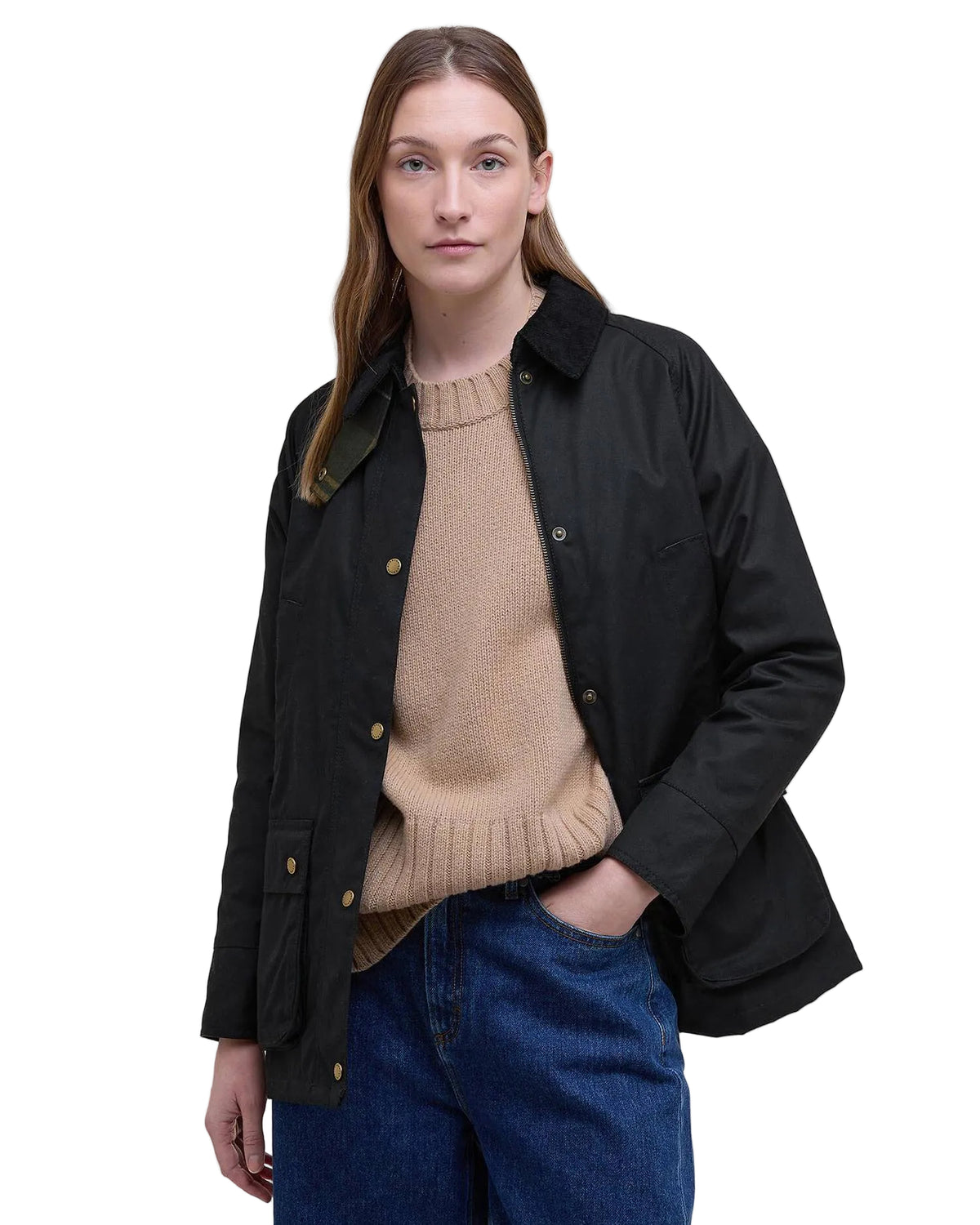 Black women’s wax jacket with stand collar, gold-tone buttons, and side flap pockets