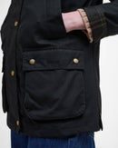 Black women’s wax jacket back/side with flap pocket and gold-tone buttons at cuff
