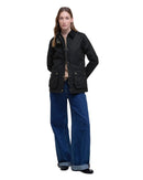 Black women’s wax jacket with zip front, stand collar, and flap pockets; full-body view