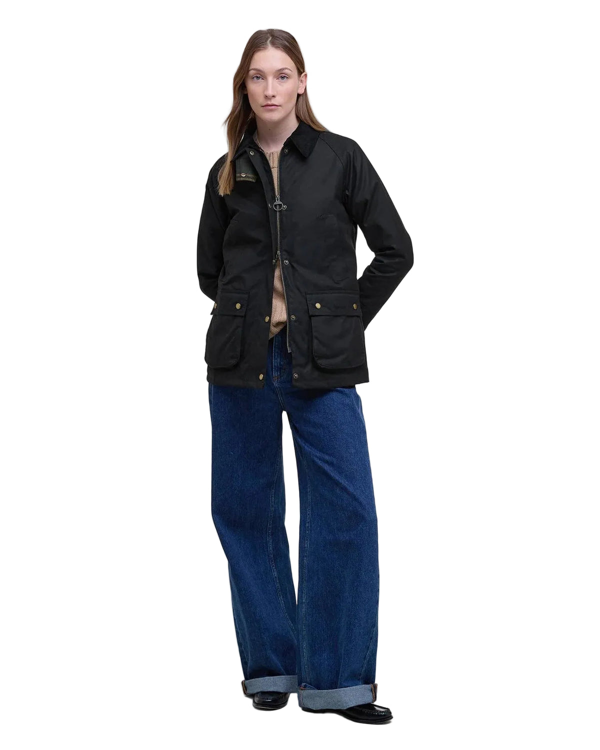 Black women’s wax jacket with zip front, stand collar, and flap pockets; full-body view
