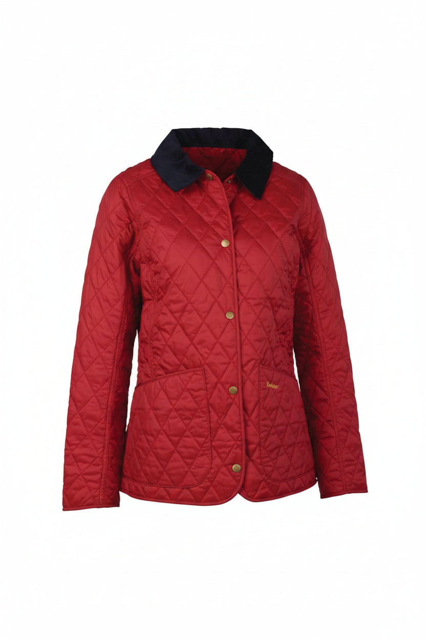 Women's red quilted jacket, black collar, gold buttons and quilted diamond pattern