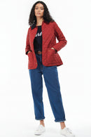 Women's red quilted jacket with black collar, button-front and side pockets