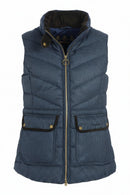 Navy padded vest gilet with front full zip, stand collar, and flap pockets with buttons.