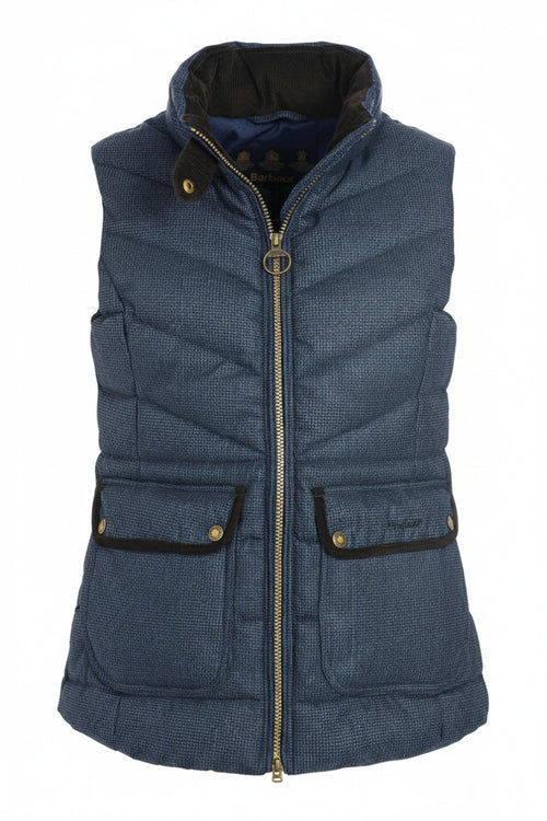 Navy padded vest gilet with front full zip, stand collar, and flap pockets with buttons.