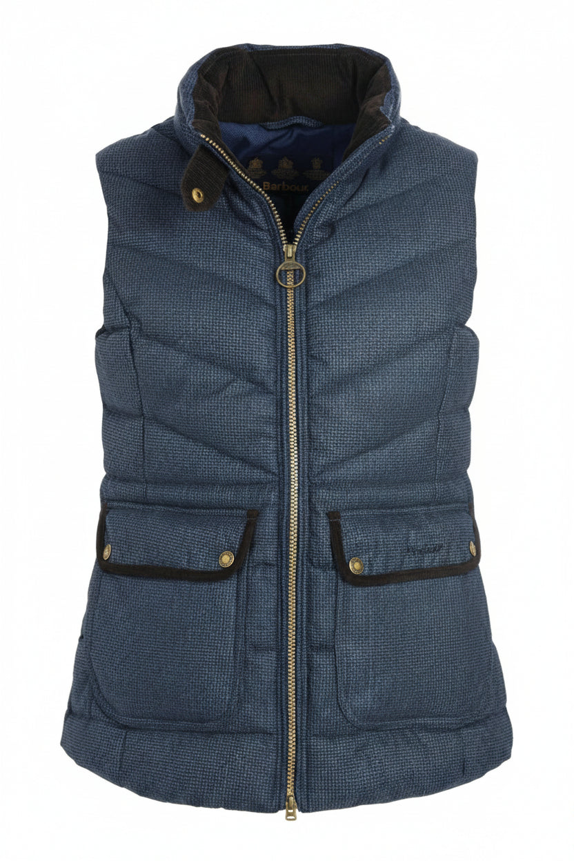 Navy padded vest gilet with front full zip, stand collar, and flap pockets with buttons.