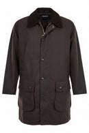 Men's olive waxed jacket with button front, stand collar, and two chest pockets