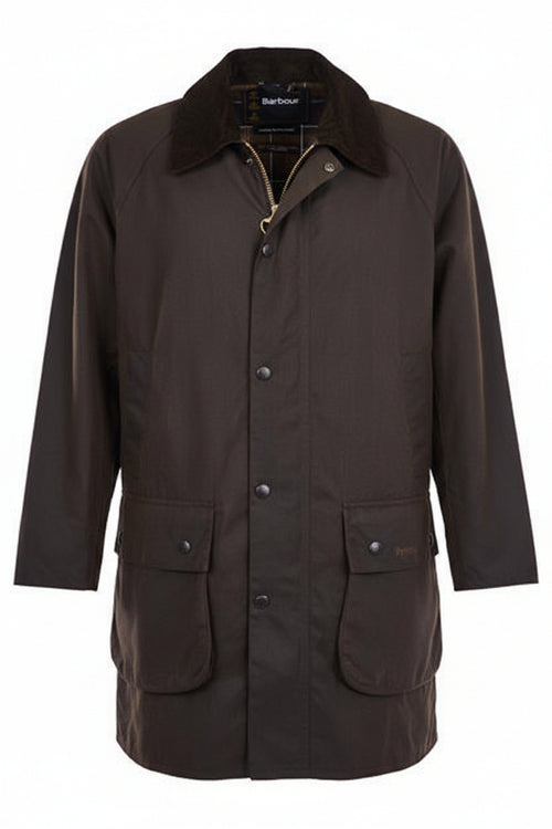 Men's olive waxed jacket with button front, stand collar, and two chest pockets