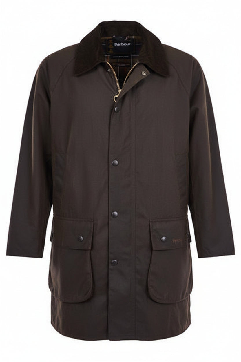 Men's olive waxed jacket with button front, stand collar, and two chest pockets