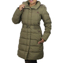 Ladies duck down parka with fur-trim hood, belted waist, olive green quilted padding
