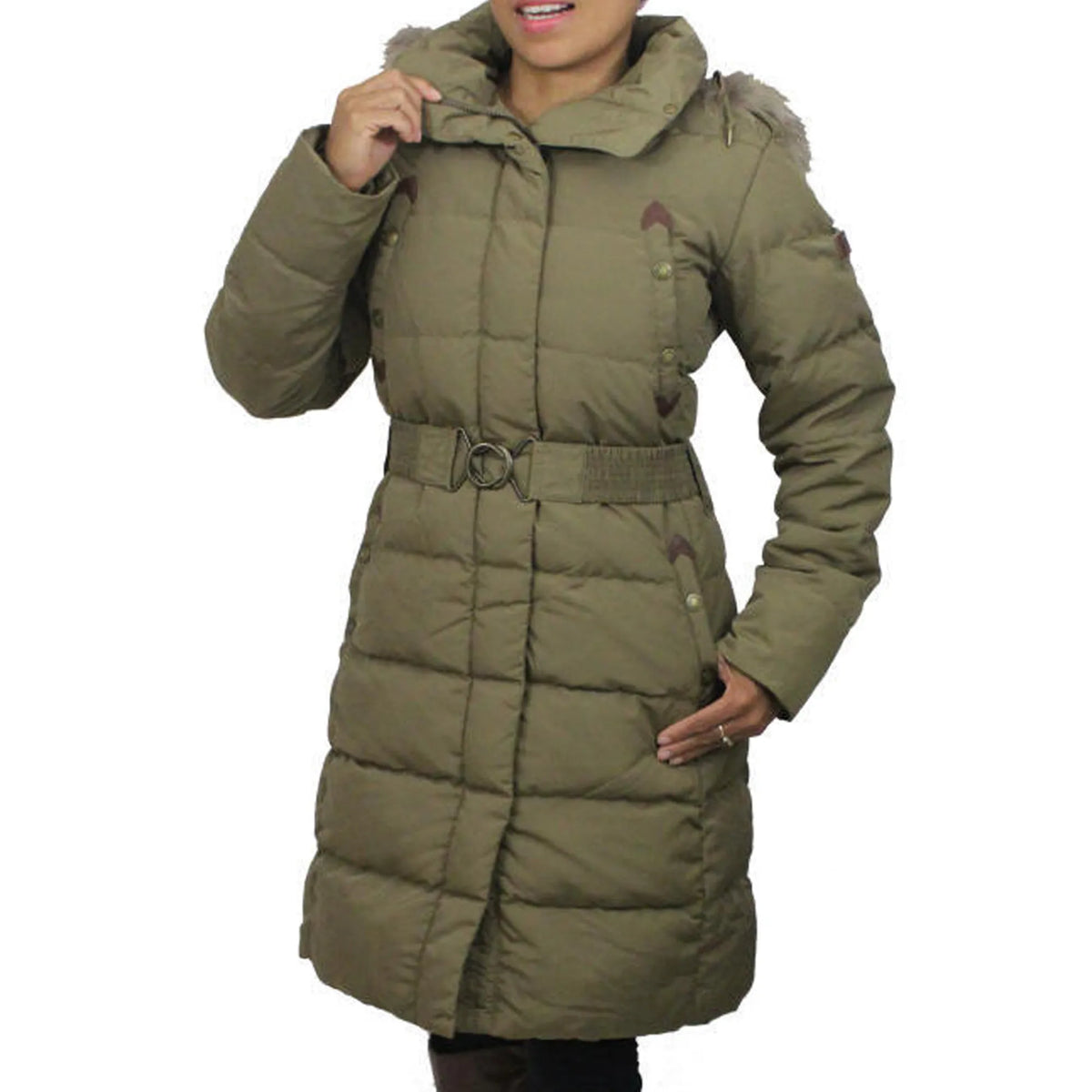 Ladies duck down parka with fur-trim hood, belted waist, olive green quilted padding