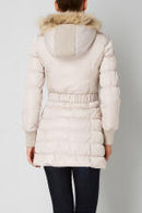 Cream quilted parka with faux-fur trimmed hood, back view