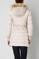 Cream quilted parka with faux-fur trimmed hood, back view