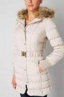 Cream quilted parka with faux-fur hood and front button closure