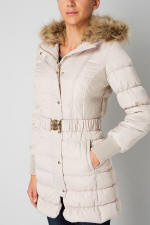 Cream quilted parka with faux-fur hood and front button closure