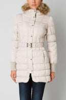 Cream quilted parka with faux-fur hood and waist belt detail