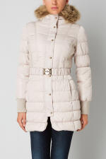 Cream quilted parka with faux-fur hood and waist belt detail
