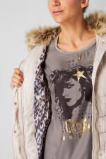 Open cream quilted parka with faux-fur trimmed hood and button front