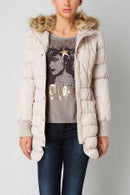 Cream quilted parka with faux-fur hood and front button placket