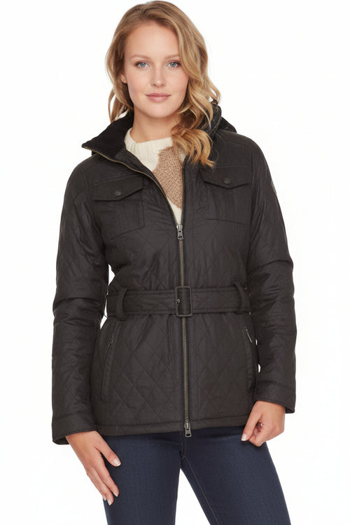 Barbour women's polarquilt jacket, black quilted with hood, full zip and waist belt