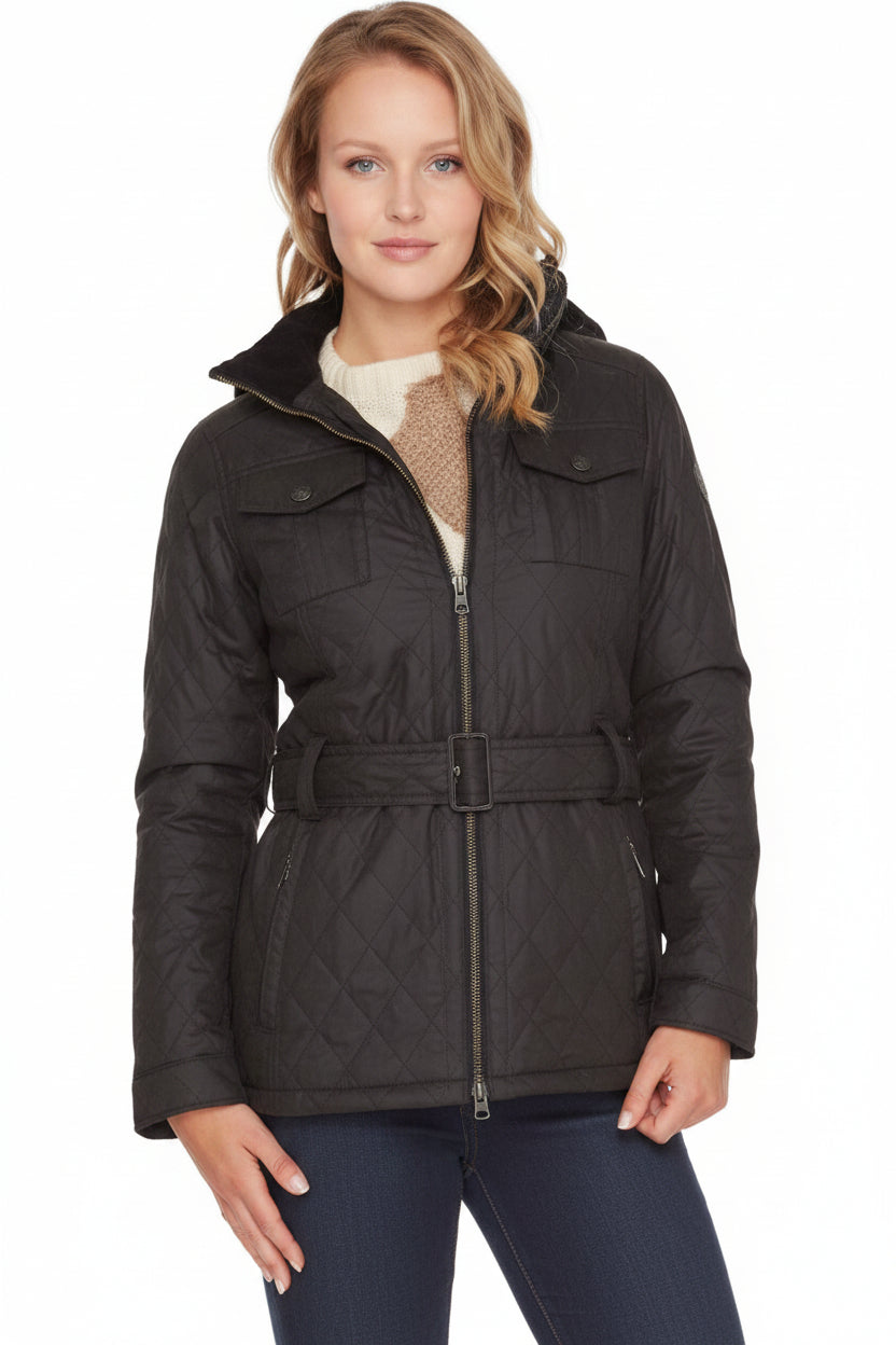 Barbour women's polarquilt jacket, black quilted with hood, full zip and waist belt