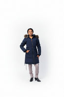 Women’s navy down parka coat with fur hood, front zip, side view and pockets