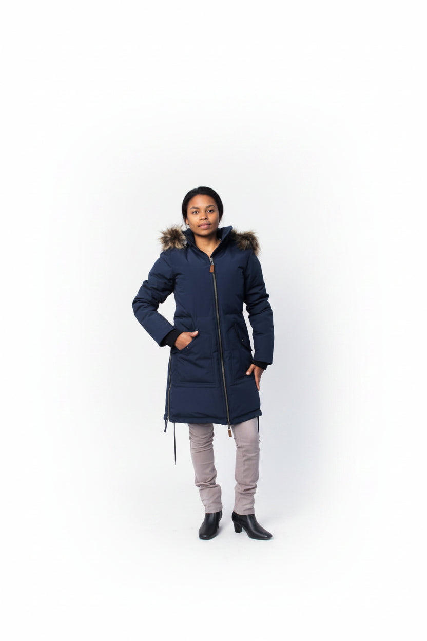 Women’s navy down parka coat with fur hood, front zip, side view and pockets