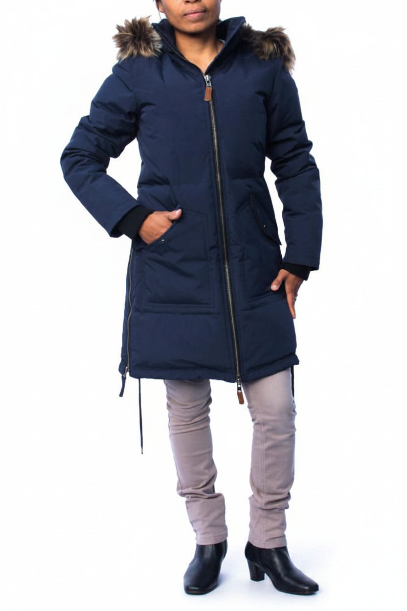 Women’s navy down coat with fur-trimmed hood and front zip, hand pockets