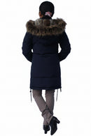 Women’s navy down coat, fur-trimmed hood, back view, zip front