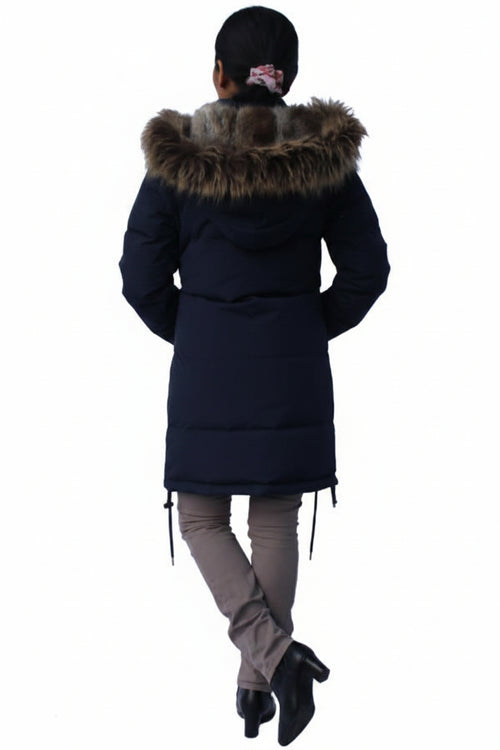 Women’s navy down coat, fur-trimmed hood, back view, zip front